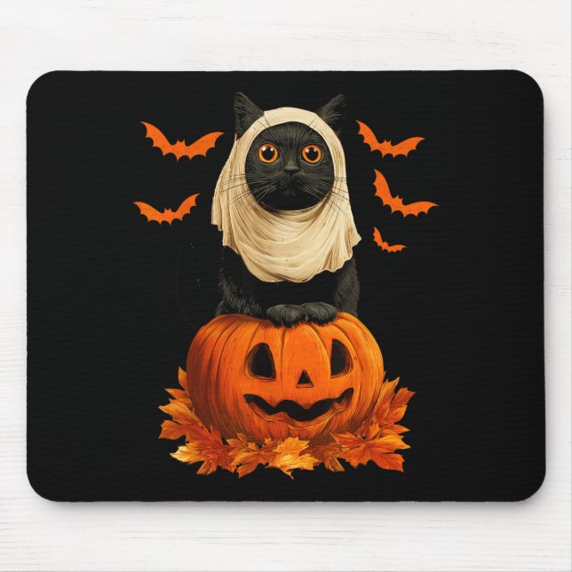 Gruseliger Halloween-Schwarzer-Katze-Geist-Kürbis- Mousepad (Vorne)