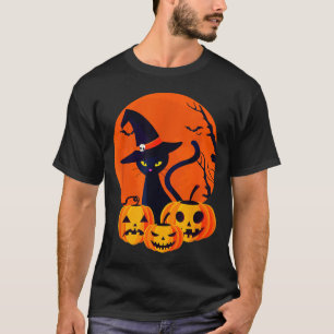 Gruseliger Halloween-Schwarzer-Katze-Hexenhut-Mond T-Shirt