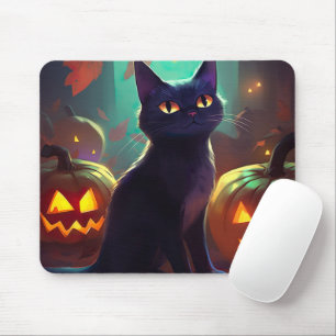 Gruseliger Halloween-Smoking-Kater mit Kürbissen Mousepad
