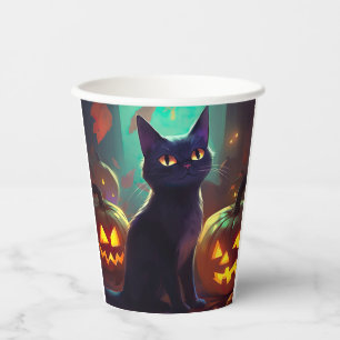 Gruseliger Halloween-Smoking-Kater mit Kürbissen Pappbecher