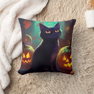 Gruseliger Halloween-Smoking-Katze mit Kürbissen Kissen