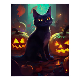 Gruseliger Halloween-Smoking-Katze mit Kürbissen Poster