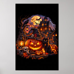 Gruseliger Halloween Spukhaus Schwarzkatze Poster