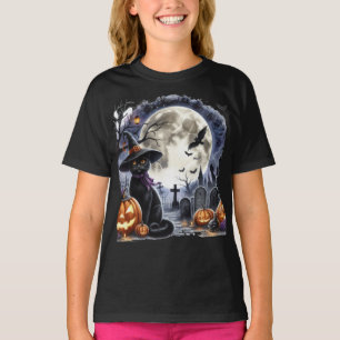 Gruseliger Halloween-Vollmond und schwarze Katze T-Shirt
