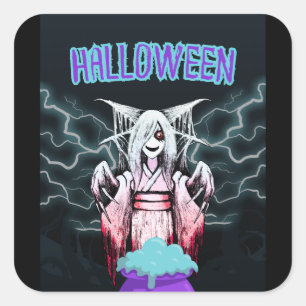 Gruseliger Halloween-Yokai-Hexen-Aufkleber Quadratischer Aufkleber