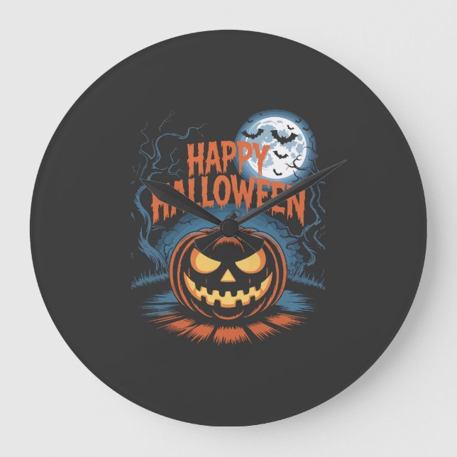Gruseliger Jack O Lantern Halloween Große Wanduhr (Vorderseite)