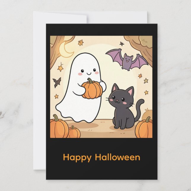 Gruseliger Kawaii-Geist Spaß mit schwarzer Katze Einladung (Vorderseite)