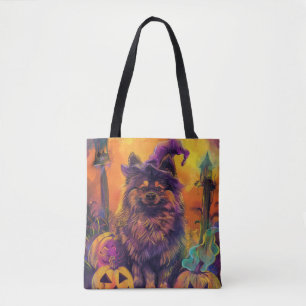 Gruseliger Keeshond Hund Halloween Hexe und Kürbis