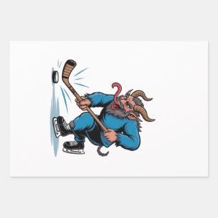 Gruseliger Krampus spielt Eishockey Weihnachten Geschenkpapier Set