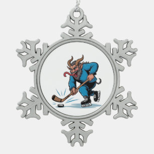 Gruseliger Krampus spielt Eishockey Weihnachten Schneeflocken Zinn-Ornament