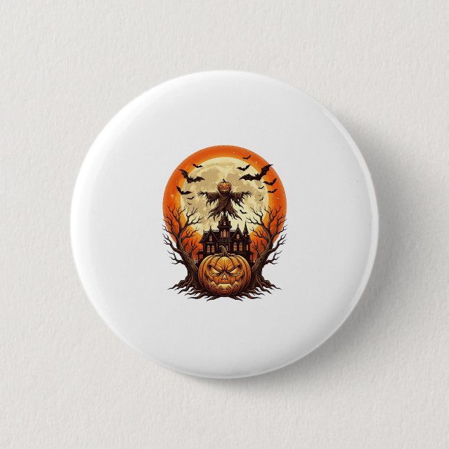 Gruseliger Kürbis Vogelscheuche Spukhaus Vollmond  Button (Vorderseite)