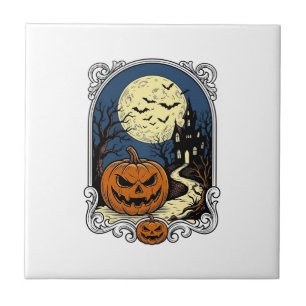 Gruseliger Kürbisszene Vintage Halloween Vektorgra Fliese