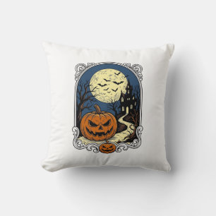 Gruseliger Kürbisszene Vintage Halloween Vektorgra Kissen