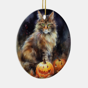 Gruseliger Maine Coon-Kater mit Kürbissen Hallowee Keramik Ornament