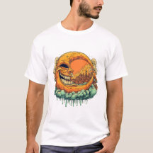 Gruseliger Mond Brennendes Dorf Grafik T-Shirt