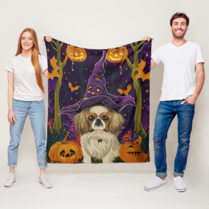 Gruseliger Pekingeser Hund Halloween Hexe und Kürb Fleecedecke