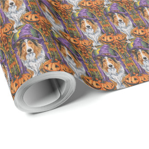 Gruseliger Rough Collie Hund Halloween Hexe Kürbis Geschenkpapier
