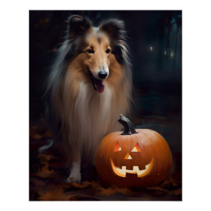 Gruseliger Rough Collie mit Kürbissen Halloween Poster