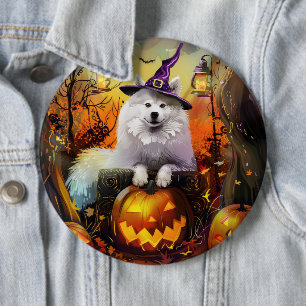 Gruseliger Samojede-Hund Halloween-Hexe und Kürbis Button