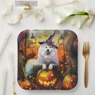 Gruseliger Samojede-Hund Halloween-Hexe und Kürbis Pappteller