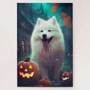Gruseliger Samojede zu Halloween mit Kürbissen Puzzle