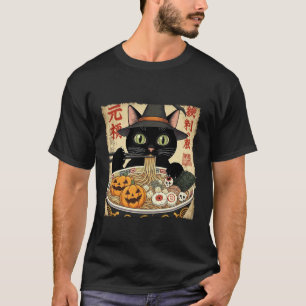 Gruseliger schwarzer Katzenhexenhut schlürft Ramen T-Shirt