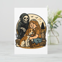 Gruseliger Sensenmann mit Mädchen und Hund-Skelett Einladung