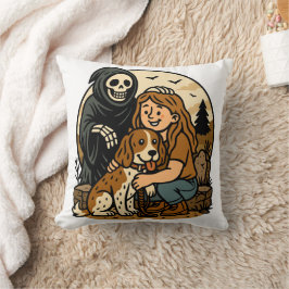 Gruseliger Sensenmann mit Mädchen und Hund-Skelett Kissen