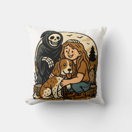 Gruseliger Sensenmann mit Mädchen und Hund-Skelett Kissen