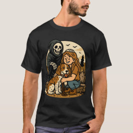 Gruseliger Sensenmann mit Mädchen und Hund-Skelett T-Shirt