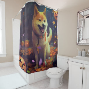Gruseliger Shiba Inu mit Kürbissen Halloween Duschvorhang