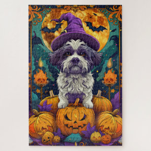Gruseliger Shih Tzu Hund Halloween Hexe und Kürbis Puzzle