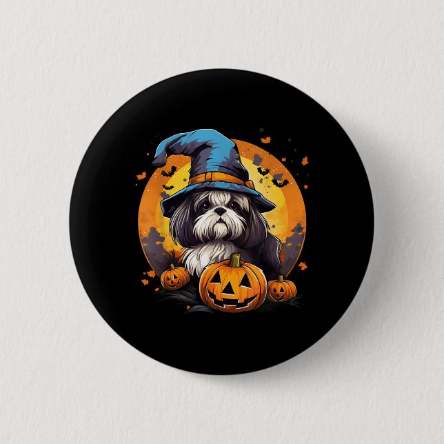 Gruseliger Shih Tzu Hund Hexe Halloween Button (Vorderseite)