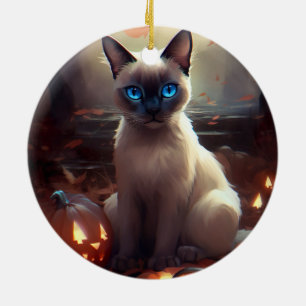 Gruseliger siamesischer Halloween-Kater mit Kürbis Keramik Ornament