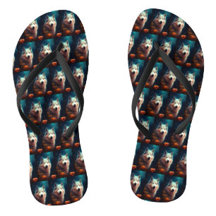 Gruseliger Siberian Husky mit Kürbissen Halloween Flip Flops