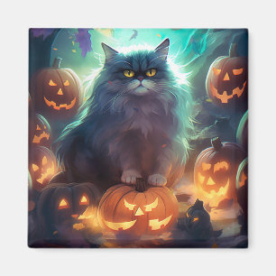 Gruseliger sibirischer Halloween-Kater mit Kürbiss Magnet