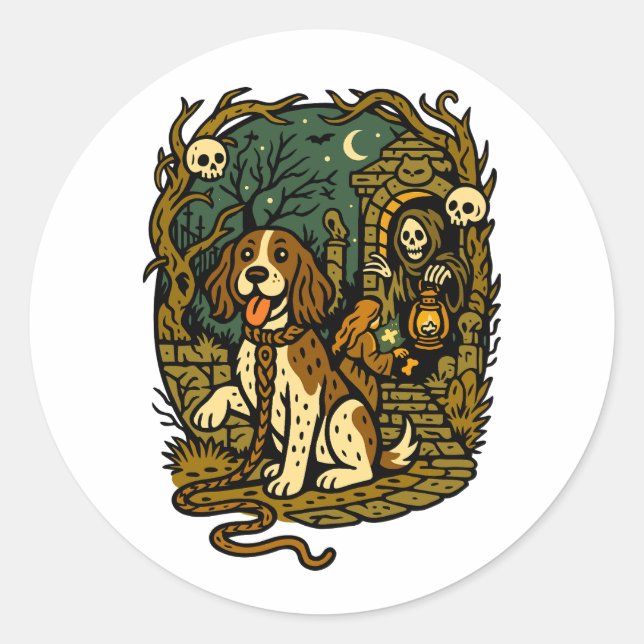 Gruseliger Skelett-Hund im Horror-Aesthetic Runder Aufkleber (Vorderseite)