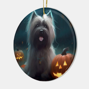 Gruseliger Skye Terrier mit Kürbissen Halloween  Keramik Ornament