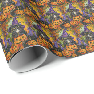 Gruseliger Smoking-Katze Halloween-Hexe und Kürbis Geschenkpapier