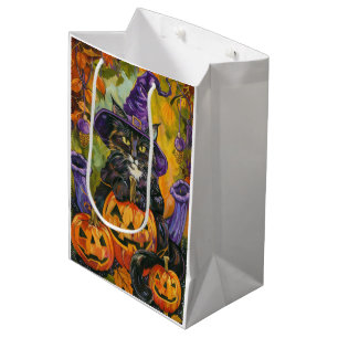 Gruseliger Smoking-Katze Halloween-Hexe und Kürbis Mittlere Geschenktüte