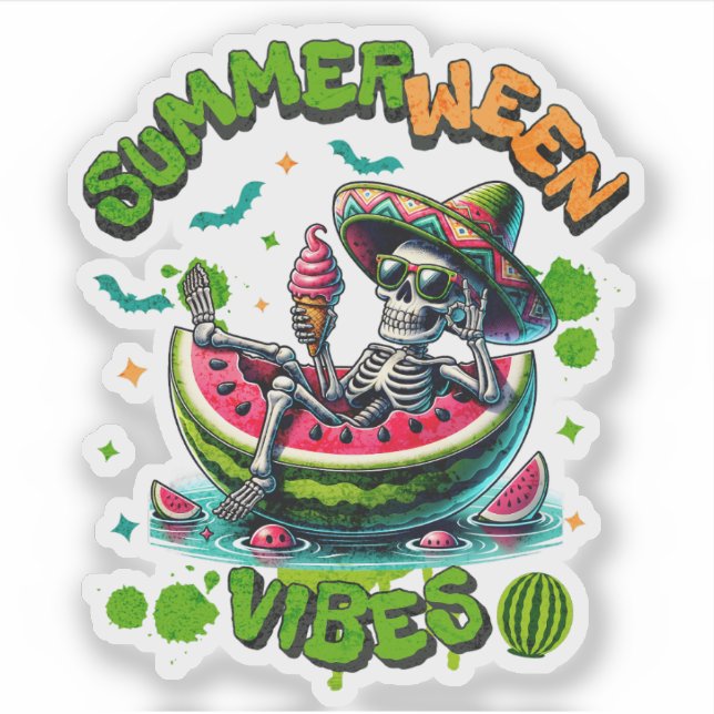 Gruseliger Sommerween-Skelett-Wassermelonen-Float  Aufkleber (Vorderseite)
