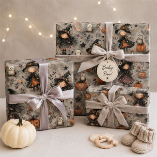 Gruseliger süßer Hexen- und Eulen-Halloween-Gesche Geschenkpapier Set