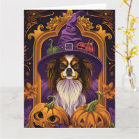 Gruseliger Tibet-Spaniel-Hund Halloween Hexe Kürbi
