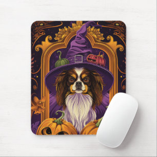 Gruseliger Tibet-Spaniel-Hund Halloween Hexe Kürbi Mousepad