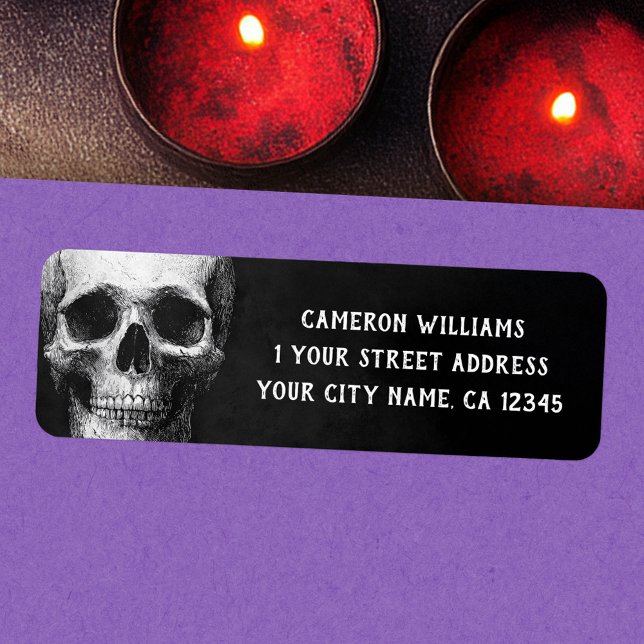Gruseliger Totenkopf Halloween schwarze Rücksendea (Spooky skull Halloween black return address Label)