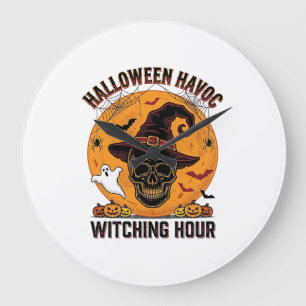 Gruseliger Totenkopf-Mond-Vintage-Hexenhut-Desi Große Wanduhr