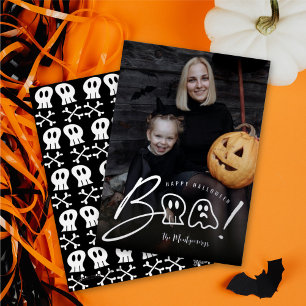 Gruseliger Totenkopf und Geist Boo! Halloween-Foto Folien Feiertagskarte