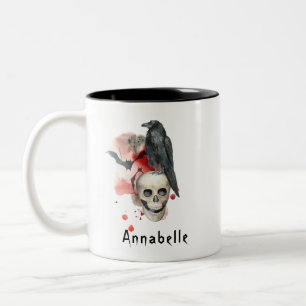 Gruseliger Vintage-Goth-Schädel und Rabe Custom Zweifarbige Tasse