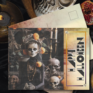 Gruseliger Vintage-Halloween-Skelett-Mitternachtsw Feiertagspostkarte