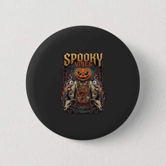 Gruseliger Vires Halloween-Kürbiskopf hält Augapfe Button (Vorderseite)